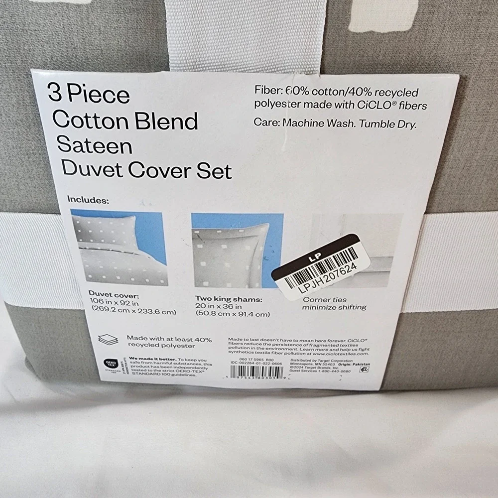 King 3Pc Duvet Cover & Sham Set Cotton Blend Sateen Light Gray/White Dot